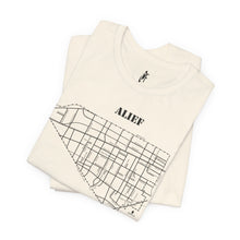 Load image into Gallery viewer, Black ink Alief map design on folded natural unisex short sleeve Chozzen Few T-shirt