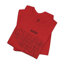 Load image into Gallery viewer, Black ink Alief map design on folded red unisex short sleeve Chozzen Few T-shirt