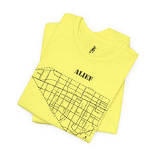 Load image into Gallery viewer, Black ink Alief map design on folded yellow unisex short sleeve Chozzen Few T-shirt