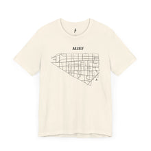 Load image into Gallery viewer, Black ink Alief map design on natural unisex short sleeve Chozzen Few cotton T-shirt