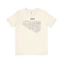 Load image into Gallery viewer, Black ink Alief map design on natural unisex short sleeve Chozzen Few cotton T-shirt