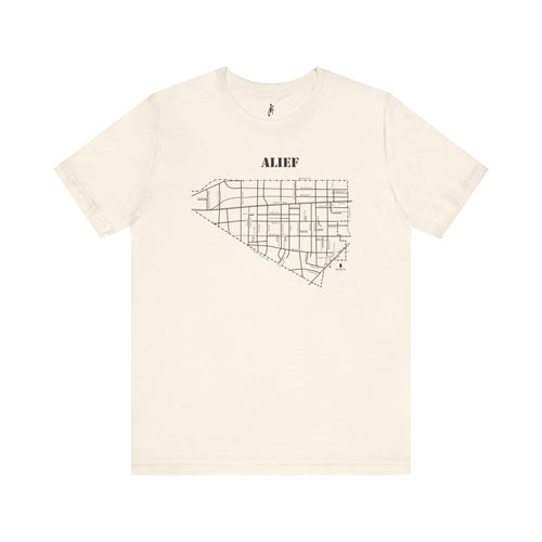 Black ink Alief map design on natural unisex short sleeve Chozzen Few cotton T-shirt