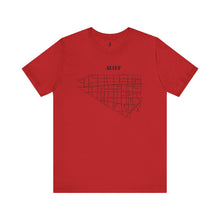 Load image into Gallery viewer, Black ink Alief map design on red unisex short sleeve Chozzen Few cotton T-shirt