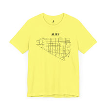 Load image into Gallery viewer, Black ink Alief map design on yellow unisex short sleeve Chozzen Few cotton T-shirt