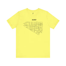 Load image into Gallery viewer, Black ink Alief map design on yellow unisex short sleeve Chozzen Few cotton T-shirt