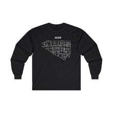 Load image into Gallery viewer, White ink Alief map design on black unisex long sleeve Chozzen Few ultra cotton T-shirt