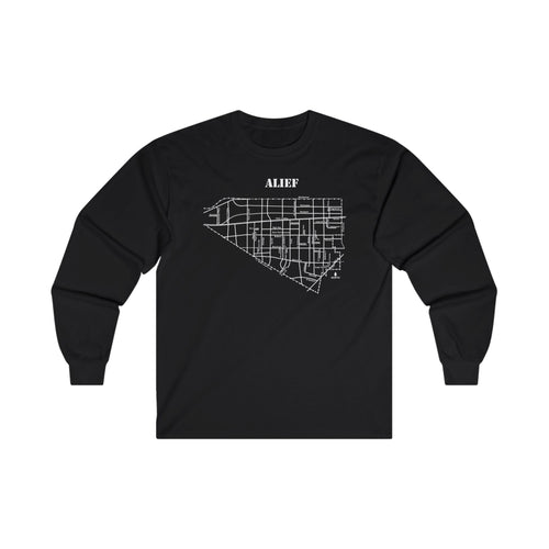 White ink Alief map design on black unisex long sleeve Chozzen Few ultra cotton T-shirt