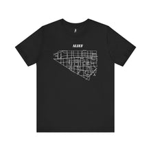 Load image into Gallery viewer, White ink Alief map design on black unisex short sleeve Chozzen Few ultra cotton T-shirt