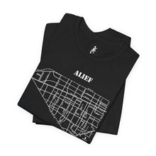 Load image into Gallery viewer, White ink Alief map design on folded black unisex short sleeve Chozzen Few T-shirt