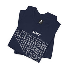 Load image into Gallery viewer, White ink Alief map design on folded navy unisex short sleeve Chozzen Few T-shirt