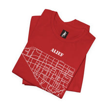 Load image into Gallery viewer, White ink Alief map design on folded red unisex short sleeve Chozzen Few T-shirt
