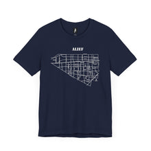 Load image into Gallery viewer, White ink Alief map design on navy unisex short sleeve Chozzen Few cotton T-shirt