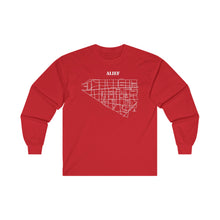 Load image into Gallery viewer, White ink Alief map design on red unisex long sleeve Chozzen Few ultra cotton T-shirt