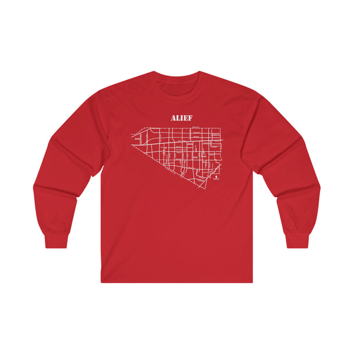 White ink Alief map design on red unisex long sleeve Chozzen Few ultra cotton T-shirt