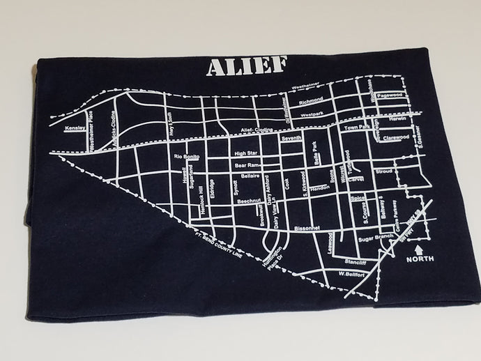 Classic White ink Alief map design on navy unisex short sleeve Chozzen Few cotton T-shirt
