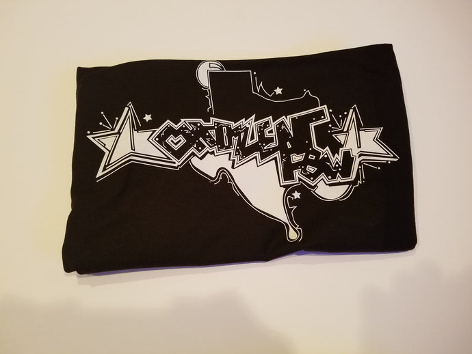 Classic white ink hand-drawn Texas logo design on black unisex short sleeve Chozzen Few cotton T-shirt