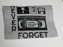 Load image into Gallery viewer, Black ink Never Forget design with cassette, VHS, and retro icons on heather grey unisex short sleeve Chozzen Few cotton T-shirt